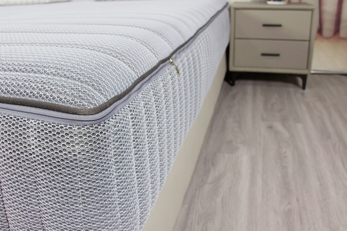 Grey breathable 9D mesh mattress cover with zip, designed for cooling comfort and enhanced airflow