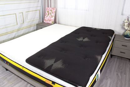 Black mattress encasement made from premium cotton with a zippered closure for full mattress protection.