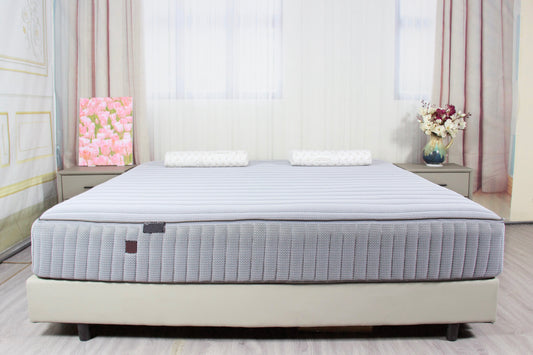 Grey breathable 9D mesh mattress cover with zip, designed for cooling comfort and enhanced airflow.